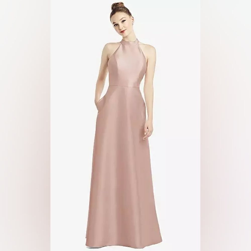 NWT Alfred Sung High-Neck Cutout Satin Dress With Pockets